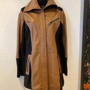 Two-Tone 3/4 Length Leather Coat by Anatomie - Size S